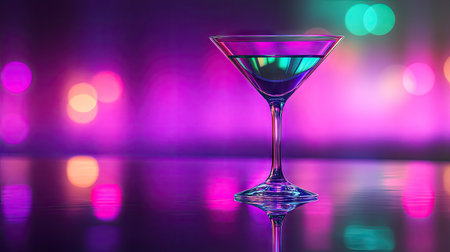 A classic martini glass on a glossy surface reflecting a neon-lit purple and green backdrop.の素材