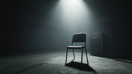 A cold metal chair sits in a foggy, dark warehouse, illuminated by a single harsh beam.の素材