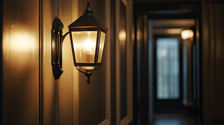 A classic lantern-style wall lamp glowing softly in a dimly lit hallway.の素材