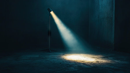A crime scene-style spotlight illuminating a single spot on the floor in a dark abandoned room.の素材
