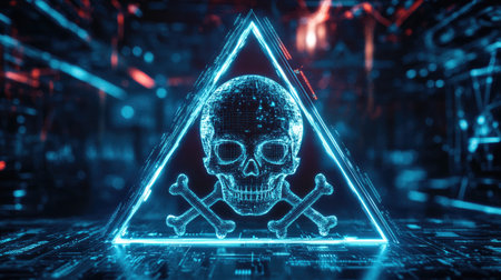 A digital skull and crossbones inside a warning triangle, symbolizing a cyber threat.の素材