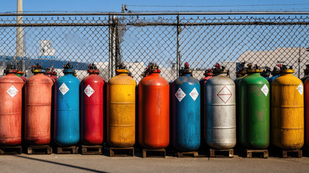 A collection of color-coded gas cylinders stored safely in a fenced industrial area.の素材