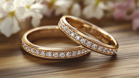 A pair of diamond wedding bands on a wooden table with soft natural light, evoking a timeless elegance.の素材