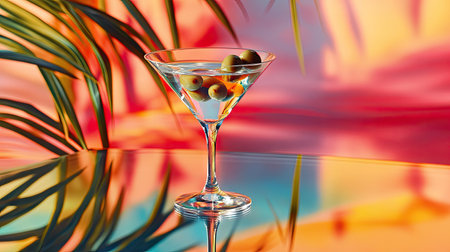 A classic dry martini with olives, placed on a reflective surface with a bright tropical background.の素材