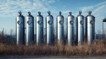 A group of tall, silver compressed gas tanks standing in an outdoor industrial storage area.の素材