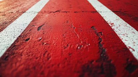 A close-up of the freshly painted lines on a red running track, with no one in sight.の素材