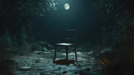An eerie abandoned chair in a moonlit forest clearing, surrounded by deep darkness.の素材