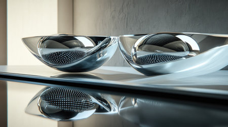 A futuristic design with chrome-like spheres casting reflections onto a sleek surface.の素材