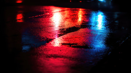 Police car lights flashing brightly in a dark urban street, casting vibrant red and blue reflections on nearby buildings.の素材