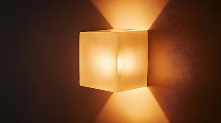 A contemporary cube-shaped wall lamp emitting a soft and elegant glow.の素材