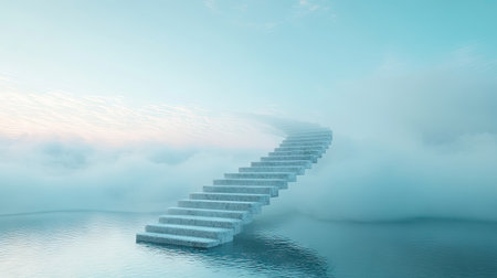 A surreal floating staircase rising into the clouds, with no visible end in a tranquil atmosphere.の素材