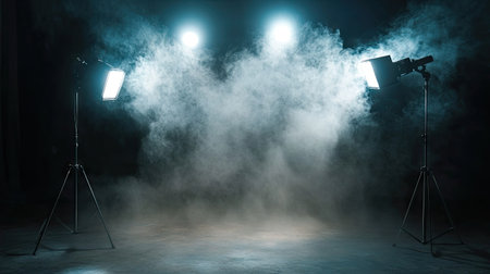 A hazy atmosphere with bright spotlights shining down in a dark studio, particles floating in the air.の素材