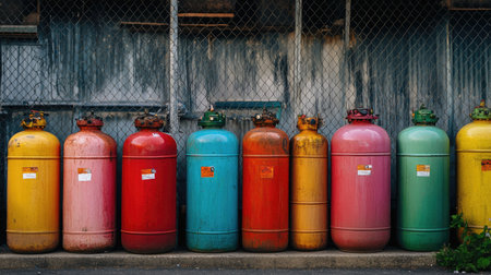 A collection of color-coded gas cylinders stored safely in a fenced industrial area.の素材