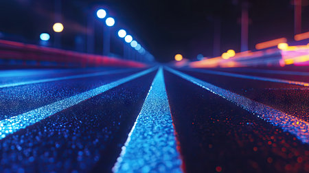 A close-up of a track's starting line, with bright lane markings and no runners in sight.の素材