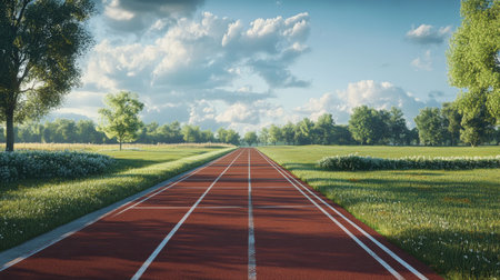 A deserted running track with clear lane dividers, surrounded by green fields and trees.の素材