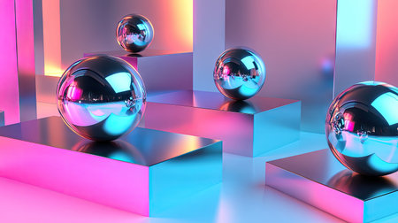 A futuristic display of perfectly smooth, reflective spheres placed on colorful geometric platforms.の素材