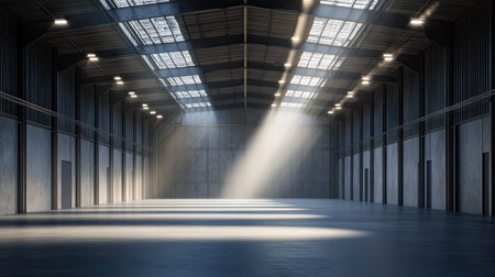 A cold, industrial warehouse lit only by overhead spotlights, casting deep shadows.の素材