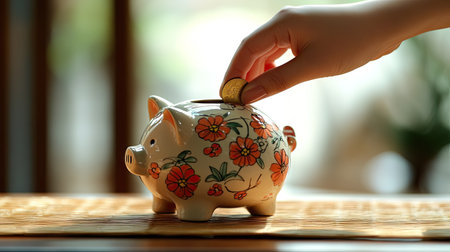 A person's hand carefully dropping a coin into a ceramic piggy bank, with a wooden table and soft background.の素材