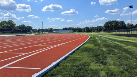 An empty running track with clear white lane markings stretching into the distance under a bright blue sky.の素材