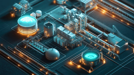 A futuristic industrial facility with advanced compressed gas storage and monitoring systems.の素材