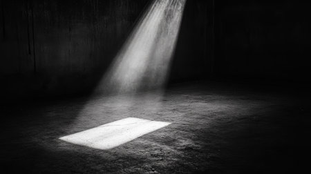 A crime scene-style spotlight illuminating a single spot on the floor in a dark abandoned room.の素材
