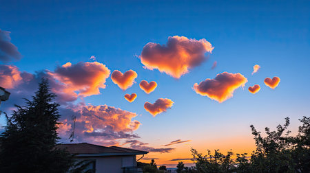 A dreamy sky with multiple small heart-shaped clouds scattered across.の素材