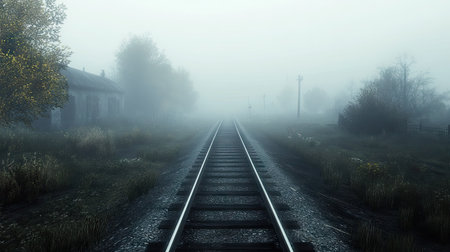 A desolate track on a foggy morning with sharply defined lanes and no movement.の素材
