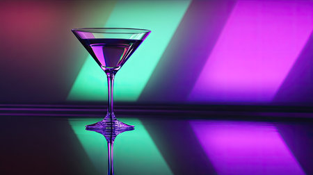 A classic martini glass on a glossy surface reflecting a neon-lit purple and green backdrop.の素材