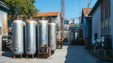 A group of tall, silver compressed gas tanks standing in an outdoor industrial storage area.の素材