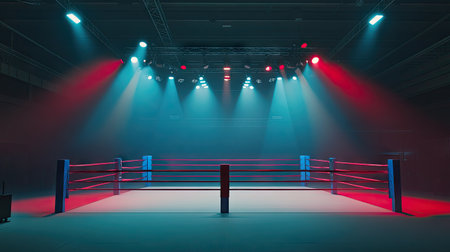 A clean, empty boxing ring with red and blue corners under bright overhead lights in a large sports arena.の素材