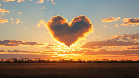 A heart-shaped cloud illuminated by golden sunlight during a serene sunset.の素材