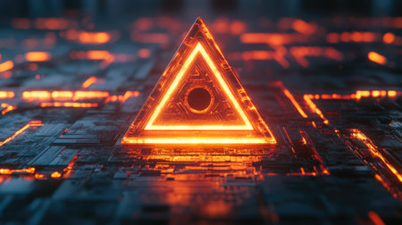 A glowing triangular alert sign with a keyhole in the center of a futuristic network.の素材