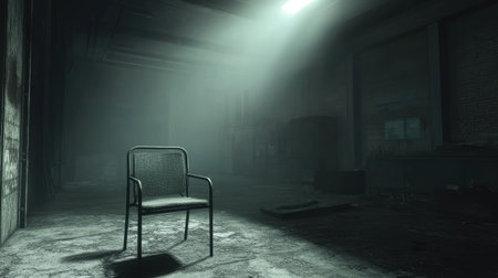 A cold metal chair sits in a foggy, dark warehouse, illuminated by a single harsh beam.の素材