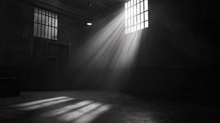 A harsh interrogation-style spotlight shining down onto a single point in a shadowy room.の素材