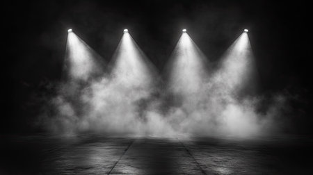 A concert stage with blinding white spotlights cutting through a smoke-filled darkness.の素材