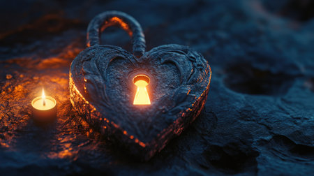A heart-shaped lock with a glowing keyhole, illuminated by soft candlelight.の素材