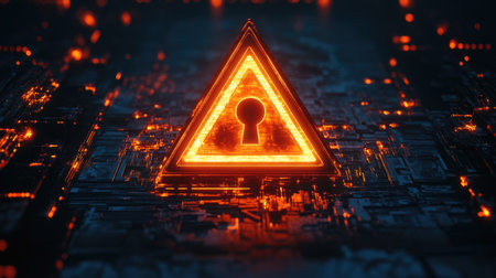 A glowing triangular alert sign with a keyhole in the center of a futuristic network.の素材