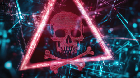 A digital skull and crossbones inside a warning triangle, symbolizing a cyber threat.の素材