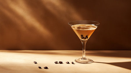 A chilled espresso martini with coffee beans, set against a rich, warm-toned background.の素材