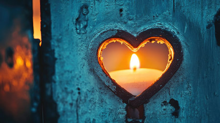 A heart-shaped lock with a glowing keyhole, illuminated by soft candlelight.の素材