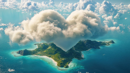 A giant fluffy heart cloud appearing above a breathtaking tropical island.の素材