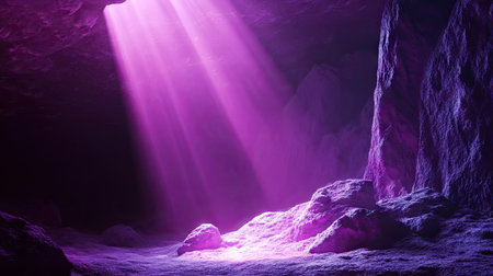 A futuristic sci-fi scene with neon spotlights breaking through an ominous dark space.の素材