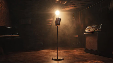 A cinematic studio setup with a single bright spotlight on a lonely microphone stand.の素材
