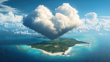 A giant fluffy heart cloud appearing above a breathtaking tropical island.の素材