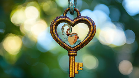 A golden key unlocking a heart lock, symbolizing love and trust.の素材