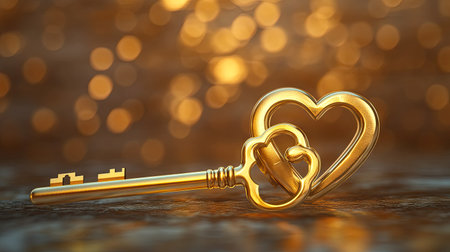 A golden key unlocking a heart lock, symbolizing love and trust.の素材