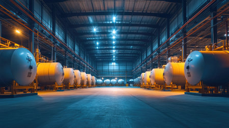 A brightly lit industrial warehouse with rows of compressed gas tanks stored for distribution.の素材
