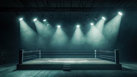 A boxing ring under a set of powerful spotlights, the surrounding arena lost in darkness.の素材