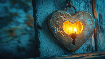 A heart-shaped lock with a glowing keyhole, illuminated by soft candlelight.の素材