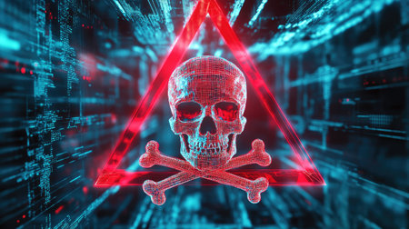 A digital skull and crossbones inside a warning triangle, symbolizing a cyber threat.の素材